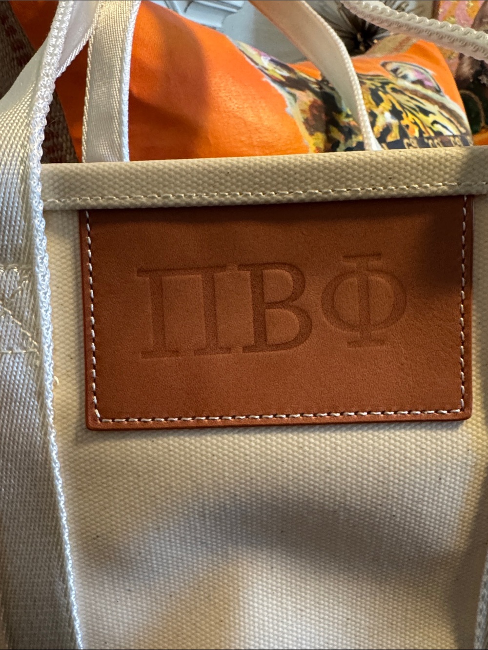 Cream Canvas Tote with Hot Pink Base and Leather Patch - Picture 2 of 5
